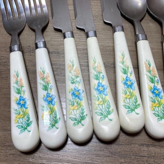 Vintage Floral Flatware Set 1990s Stainless Steel Plastic Handle