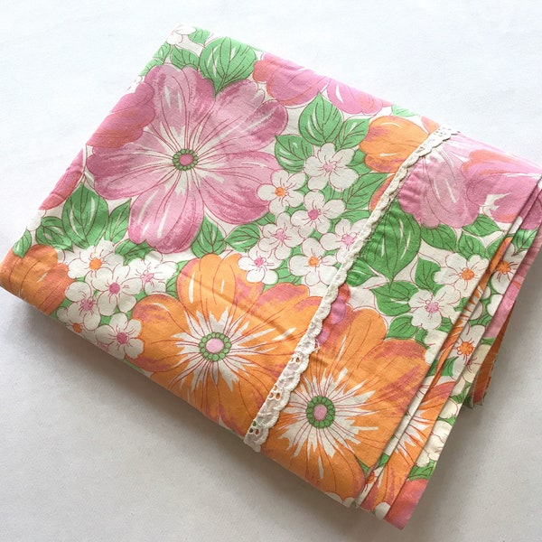 Beautiful Wabasso Double Full Flat Sheet in Pink Tulips Floral Colorway Vintage 1970s Retro Bedding 100% Cotton Flower Power