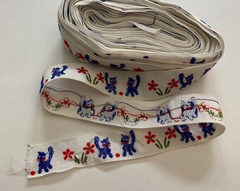 Vintage Embroidered Woven Trim 60s 70s Craft Sewing Supply Blue White Kitty Print Flowers
