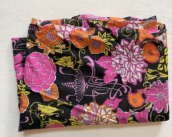 Vintage Flower Power Black Pink Orange Fabric For Handmade Sewing Projects Groovy Silky Floral Sheer 60s 70s Polyester