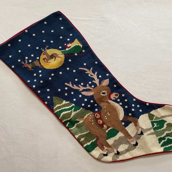 JUMBO SIZE Vintage Christmas Needlepoint Stocking with Deer Xmas Holiday Merry Christmas Stitched