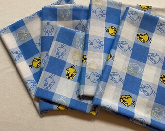 Tweety Bird Blue Checker Fabric Scraps for Sewing Crafting 1990s