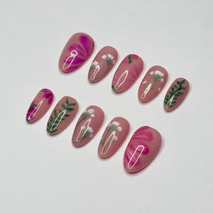 Floral Press-On Nails | Hand Painted Wildflower Design | Realistic Floral Art | Botanical Floral Nails | Soft Floral Nail Set | Pink Nails