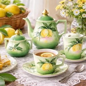 Vintage Hand Painted Lemon Tea Set, Signed P K Wickstrom 1984 Porcelain Cottagecore
