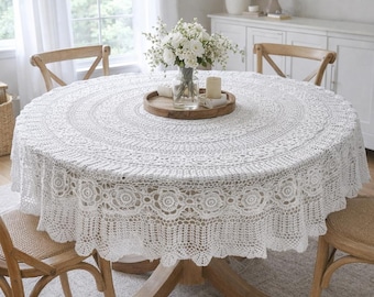 Tapete de encaje de ganchillo hecho a mano: mantel redondo de algodón de 152 cm, decoración estilo granja bohemia.