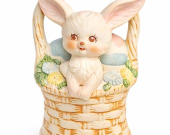 Caja de música vintage de cerámica con forma de conejito, flores pastel, decoración de primavera y Pascua.