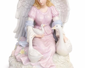 Caja de música vintage de ángel con cisnes, melodía del Ave María, figura de ángel de cerámica, decoración religiosa