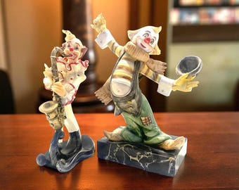 Vintage Hand-Painted Clown Figurines: Carrara Marble Base, 1970s Circus Decor