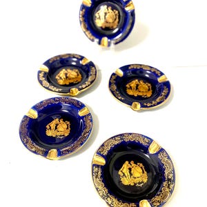 Set of 5 Vintage Limoges Castel France Ashtrays – Cobalt Blue & 22k Gold Gilt – Courting Couple Design Gift for Men, Collectable