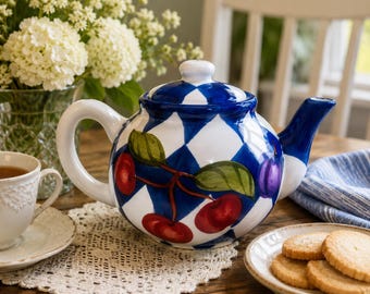 Blue & White Harlequin Fruit Teapot | Two-Sided Hand Painted Ceramic Tea Pot | Cottage Kitchen Decor