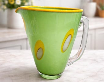 Jarra de vidrio artístico vintage verde amarillo estilo Murano vidrio soplado a mano 9 pulgadas