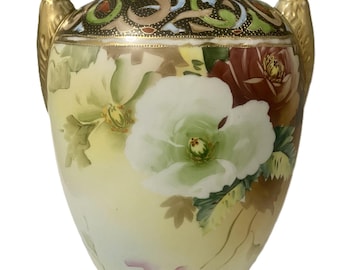 Jarrón Nippon antiguo de 35 cm pintado a mano, con diseño floral de doble cara y asas doradas, con la marca M en corona.