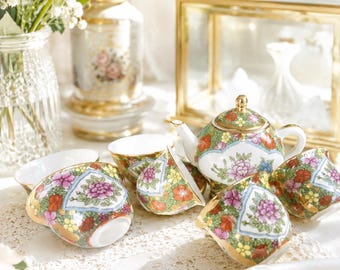 Vintage Miniature Porcelain Tea Set, Hand-Painted Floral Dollhouse Decor