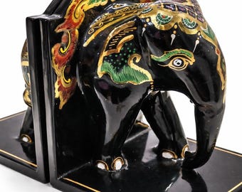 Sujetalibros vintage de elefante lacado en negro: decoración de estilo asiático pintada a mano.