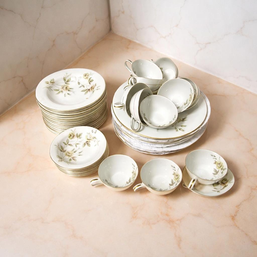 Vintage Noritake Debonair China Set, Yellow Roses Gold Trim, 47