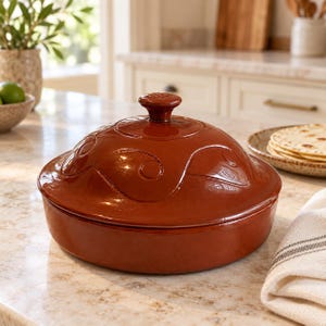 May include: A round, glazed terracotta cooking vessel with a matching domed lid. The lid features a central knob handle and a raised, swirling decorative pattern embossed around its surface. The entire piece has a deep, glossy reddish-brown finish.