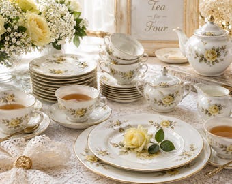 Vintage Noritake Wilshire China Set: Yellow Poppy Flowers, Gold