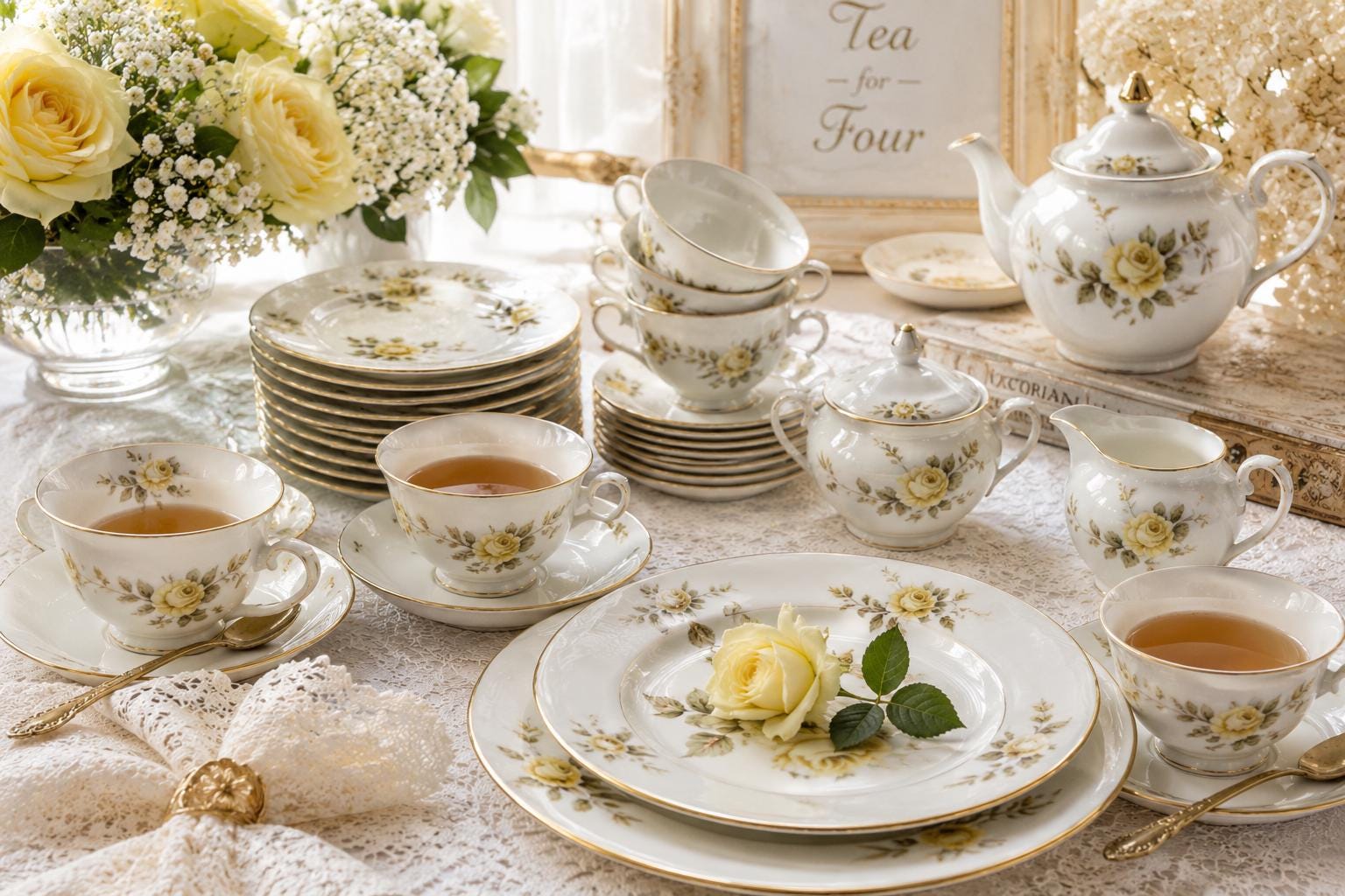 Vintage Noritake Debonair China Set, Yellow Roses Gold Trim, 47