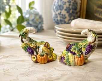 Vintage 1993 Fitz and Floyd Cornucopia Salt & Pepper Shakers – Hand-Painted Thanksgiving Harvest Decor