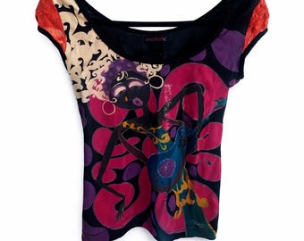 Camisa con estampado artístico vintage Custo Barcelona, talla pequeña, años 2000