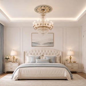 May include: A bedroom featuring a tufted beige headboard, a bed with light blue and white bedding, two matching nightstands with lamps, a crystal chandelier with a ceiling medallion, and a framed landscape painting on the wall.