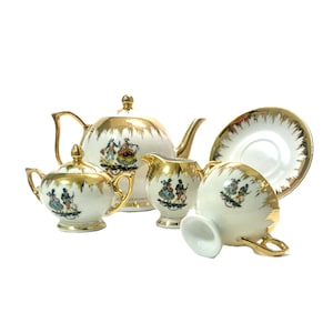 Vintage Bavarian Porcelain Tea Set for 12: Gold Gilded Rococo China