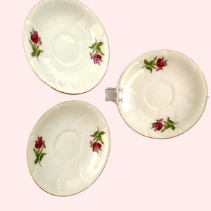 Vintage Japanese Porcelain Saucers - Pink Floral Gold Rim - Set of 3