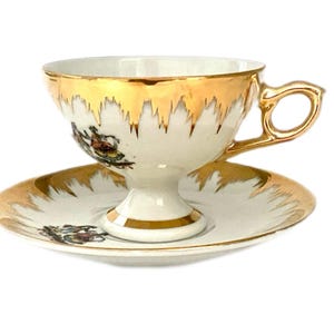 Vintage Bavarian Demitasse Cup and Saucer – Gold Gilt Courting Couple Scene – German Porcelain 1950s Tea Lover Gift
