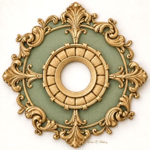 May include: A circular ceiling medallion featuring a sage green center panel surrounded by an ornate gold frame with intricate scrollwork and acanthus leaf detailing. A central circular ring with radial spokes is finished in gold.