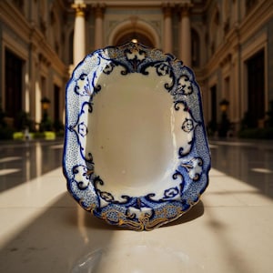 Antique Ridgway Flow Blue Vegetable Bowl: English Ironstone, Gold Trim