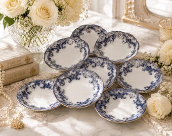 Antique Ridgway Berry Bowls - Set of 10 Blue & White Ironstone