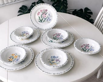 Juego de vajilla Thomson Pottery Floral Garden, 12 piezas, 5 platos llanos de 28 cm y 7 cuencos de 18 cm.
