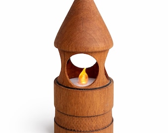 Farol de madera de cerezo tallado a mano, decoración rústica de casa de campo, mini portavelas LED firmado por el artista DB