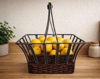 Cesta de mimbre metálica vintage, cesta de frutas de alambre trenzado, decoración de cocina rústica