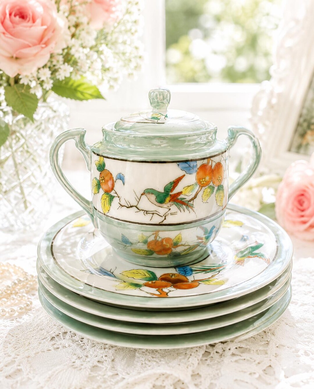 Lucerna Tea Set 1950s Lusterware Tea Set: Hand-painted Fruit & Bird Porcelain, 7-piece ...