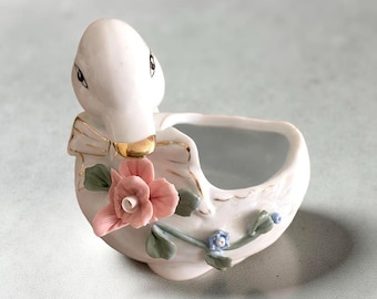 Vintage Porcelain Swan Planter with Applied Flowers, Gold Accent Ceramic Swan