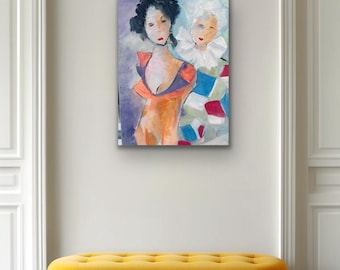 Pintura figurativa abstracta original de 12x16 pulgadas, acrílico, retrato entre dos personas, arte expresionista moderno.