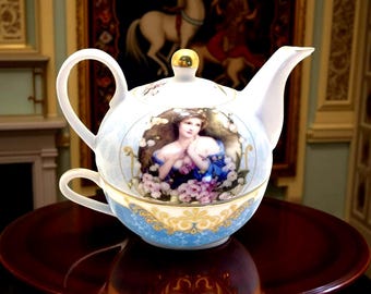 Vintage Tea for One Set: Victorian Lady Portrait, Blue Floral Gold Trim