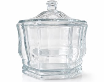 Tarro de cristal antiguo con tapa, bombonera hexagonal, azucarero de cristal prensado transparente