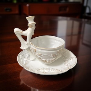 1940s Shofu Japan Bisque Teacup Set: Gentleman Figural Handle, Gold Trim