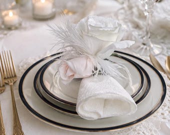 Juego de 12 servilleteros blancos hechos a mano, elegante decoración de mesa para bodas, anillos para servilletas