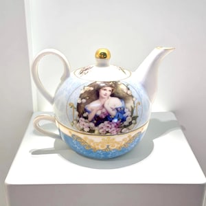 Vintage Tea for One Set: Victorian Lady Portrait, Blue Floral Gold Trim