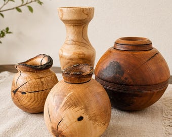 Juego de jarrones de madera torneada a mano, jarrón redondo de cerezo, decoración escultórica de cedro y roble, arte rústico en madera hecho a mano.