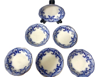 Antique Ridgway Penhurst Dessert Bowl: Victorian Blue Scroll & Gold Trim