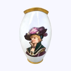 Antique Carl Tielsch Portrait Vase: Victorian Lady & Floral German Porcelain