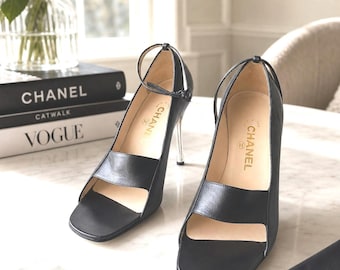 Chanel Black Leather Peep Toe Heels Size 37.5 Ankle Tie Silver Heel Italy Vintage