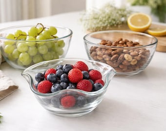 Juego de 3 cuencos de cristal vintage, cuencos para servir transparentes y ahumados, cuenco para postre con borde ondulado.