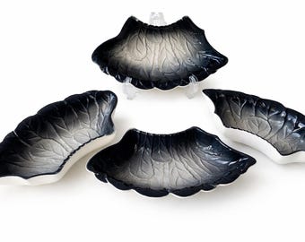 Juego de 4 cuencos para servir con hojas vintage Valley Vista, esmaltados en blanco y negro