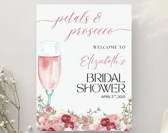 Letrero de bienvenida para despedida de soltera con pétalos y prosecco / Letrero floral editable para fiesta con champán / Letrero de novia imprimible en rosa / Descarga instantánea