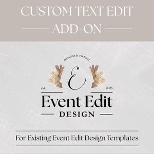Puede incluir: Un diseño gráfico con el texto "CUSTOM TEXT EDIT ADD-ON" en la parte superior. El diseño incluye un logotipo con el texto "Event Edit DESIGN" y el texto "For Existing Event Edit Design Templates" en la parte inferior.